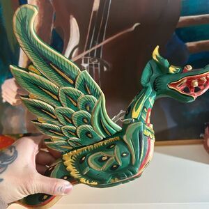 Vtg 90s Dragon Naga Fly Hanging 16.5" Green Gold Handmade Wooden Bali Folkart